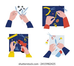 DIY手作り。人間の手はアップリケ、糊付けの花、はさみで紙を切る。手作りのジュエリー、クリエイティブな趣味。カード設計のためのツールを持つ職人ベクターセットイラストのベクター画像素材