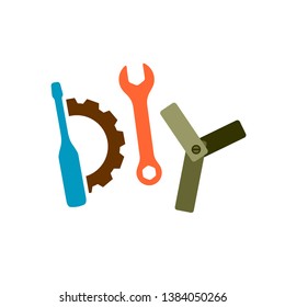 DIY logo with tools. Wrench, screwdriver, gear and joint construction as letters D, I and Y. DIY store or other appliance symbol. のベクター画像素材