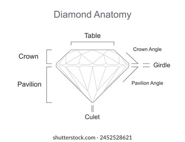 Diamond cut anatomy, parts and their names. Outline icon with editable stroke. Vector illustration isolated on white background. For infographics, presentation web, mobile app, design  Stockvektor