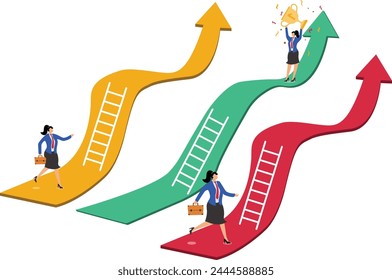 Different choices face opportunities, the ladder of success, growth and height, isometric different heights of the ladder to the businesswoman 库存矢量图