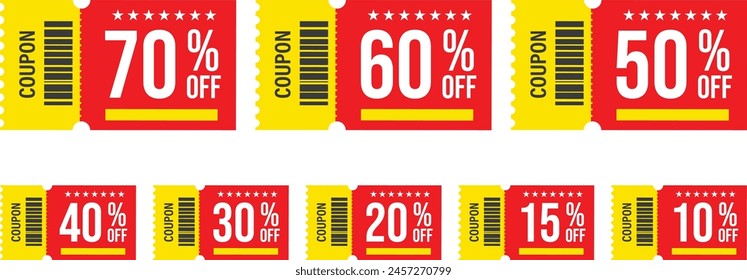 Different percent discount sticker discount price tag set. Red round speech bubble shape promote buy now with sell off up to 10, 20, 30, 40, 50, 60, 70 percentage vector illustration isolated on white Imagem Vetorial Stock