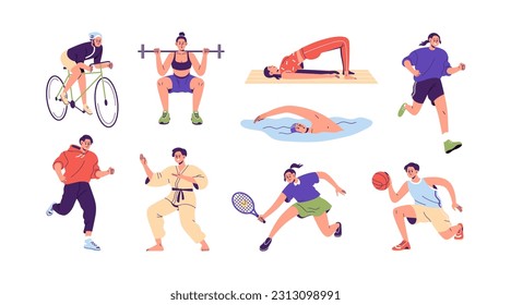 Different physical activities, do sports set. People cycling, jogging, swimming, exercising, playing tennis, basketball, running. Flat graphic vector illustrations isolated on white background. Imagem Vetorial Stock
