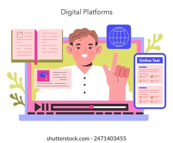 Digital Platforms concept An instructor points to educational icons on a computer screen, representing online testing and global e-learning opportunities Vector illustration 库存矢量图