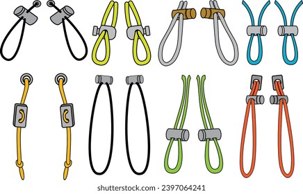 Drawstring cord stopper flat sketch vector illustrator. Set of Draw string lock slider toggles fastener for bags, back backs, jackets, Shorts. Plastic Drawcord lock end toggle to pulled or tighten Arkistovektorikuva