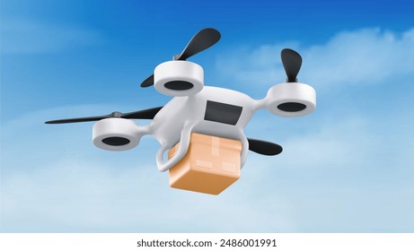 Drone carrying parcel box in sky. Vector realistic illustration of smart quadcopter delivering cardboard package, unmanned aerial vehicle with camera flying in clouds, modern logistic technology: stockvector