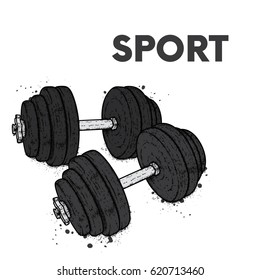 Dumbbells drawn in vector. Illustration for a postcard or a poster. Beauty, strength and health. Sport. Healthy lifestyle. Weightlifting. Immagine vettoriale stock