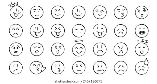 Emojis faces icon in hand drawn style. Doddle emoticons vector illustration on isolated background. Happy and sad face sign business concept.: stockvector