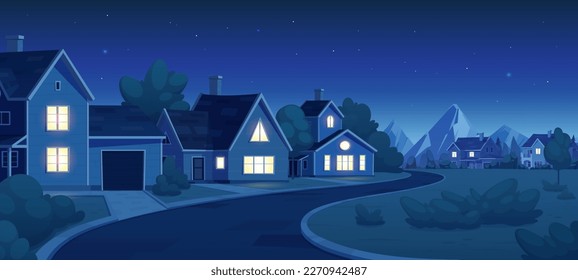 夜の風景で家と空の郊外の通り。暗い背景に近所の住宅イラスト。空に星と小さな町のホーム。夕方には村や建物を介して道路。のベクター画像素材