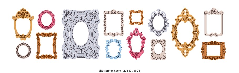 Empty picture frames in vintage victorian style. Antique classic carved frameworks set. Ornament borders, retro decorations for painting, photo. Flat vector illustration isolated on white background 库存矢量图