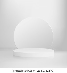 Empty white round podium, cylindrical pedestal, product advertising stage. Immagine vettoriale stock