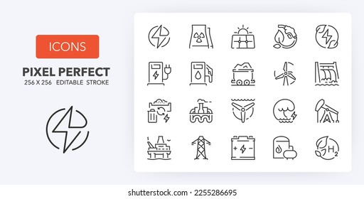 Energy. Thin line icon set. Outline symbol collection. Editable vector stroke. 256x256 Pixel Perfect scalable to 128px, 64px... Stock Vector