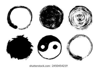 Enso black circle, yang yin symbol, vector grunge round shape. Hand drawn taoism icon – Vector có sẵn