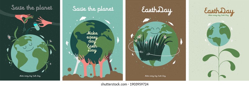 Earth Day. International Mother Earth Day. Environmental problems and environmental protection. Vector illustration. Caring for Nature. Set of vector illustrations Stock Vector