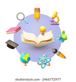 Education concept. E-learning design with open book and symbols of sciences. 库存矢量图