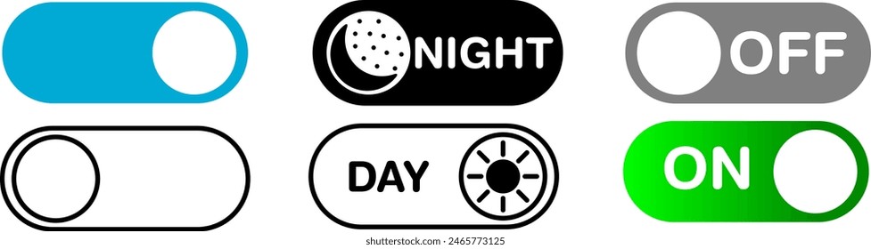Editable switch icon set in a black stroke weight in outline and a filled shape used to select darkmode or night brightness in the settings of a smart mobile device with a moon and a sun in eps vector 库存矢量图