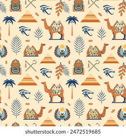 Egypt travel pattern with famous Egyptian attractions, tourist landmarks, arabic animals and spiritual symbols. Middle East seamless background with camel, scarab beetle and pyramids. Arkistovektorikuva