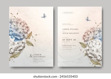 Elegant watercolor hydrangea floral wedding invitation card Vektor Stok