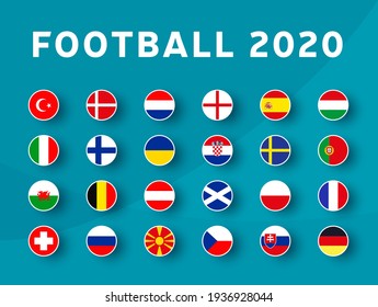 European football 2020 tournament flag set. Euro 2020 Vector country flag set for soccer championship. Immagine vettoriale stock