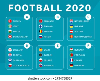 European football euro 2020 tournament final stage groups vector stock illustration. Euro 2020 European soccer tournament with background. Vector country flags Immagine vettoriale stock