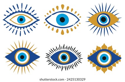悪の目のお守りのアイコン。トルコ語またはギリシャ語の目のシンボル。ギリシャからの民族魔法のお守り。手描きのスタイルに設定された青いハンザの神秘的なアイコン。ナザールのお守りのシンボル。のベクター画像素材