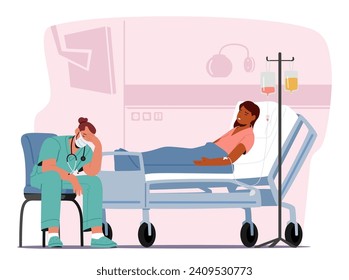 Exhausted And Despondent Doctor Male Character Slumps Beside The Seriously Ill Patient Bed, Wearied By The Weight Of Responsibilities And The Struggle To Heal. Cartoon People Vector Illustration स्टॉक वेक्टर