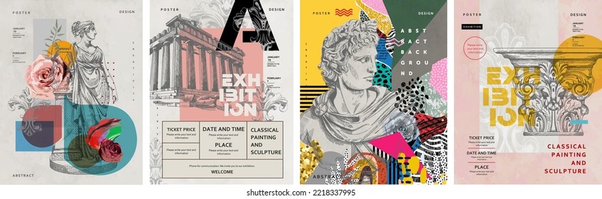 Стоковое векторное изображение: Exhibition, classics and antiquity. Vector illustrations of abstract shapes, ancient greek column, ancient ruins, goddess sculpture and bust for background, flyer or poster