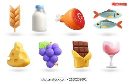 Food cartoon 3d vector icon set. Ear of wheat, milk, meat, fish, cheese, grapes, chocolate, glass of wine, vector de stoc