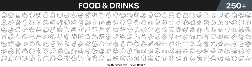 Food and drinks linear icons collection. Big set of more 250 thin line icons in black. Food and drinks black icons. Vector illustration स्टॉक वेक्टर