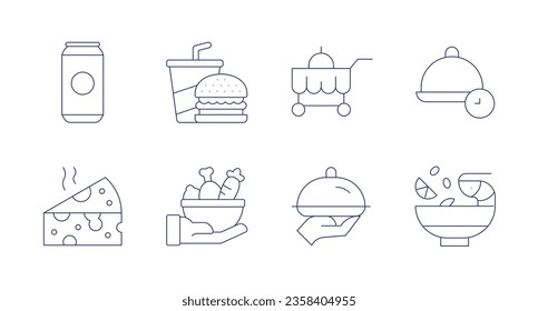 Food icons. editable stroke. Containing beer, cheese, fast, food cart, food donation, tray, tom yum, lunch time. Immagine vettoriale stock