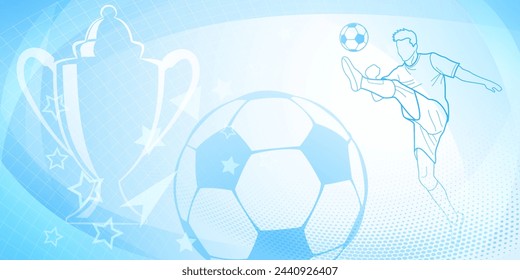 Football themed background in blue tones with abstract dots and curves, with sport symbols such as a football player, cup and ball 库存矢量图