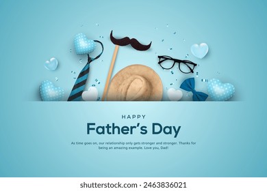 青の背景に父の日のポスターやネクタイと口ひげを持つバナーテンプレート。 フラットレイスタイリングで父の日のための挨拶やプレゼント。 ラブパパのためのプロモーションやショッピングテンプレートのベクター画像素材