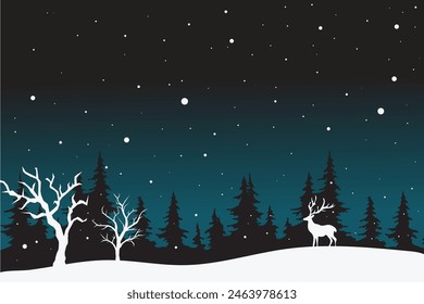A fairytale winter landscape. Christmas background. There is a fantastic silhouette of white trees and deer with a dark background. Vector illustration Immagine vettoriale stock