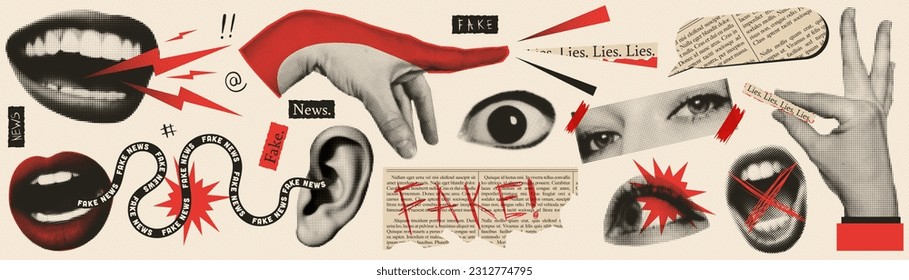 Fake news trendy vintage collage conception. Halftone lips, eyes, hands. Retro newspaper and torn paper. Elements for banners, poster, sosial media. Vector., vector de stoc