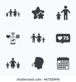 Family with two children icon. Parents and kids symbols. One-parent family signs. Mother and father divorce. Flat talking head, calendar icons. Stars, like counter icons. Vectorのベクター画像素材