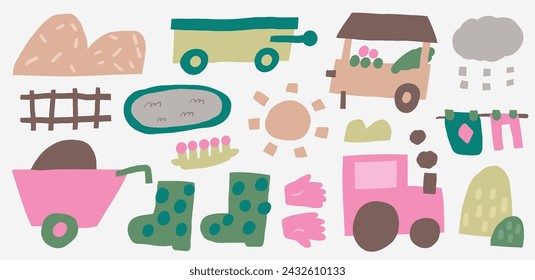 Farm, rural objects, clip art set. Cute hand drawn doodle tractor, rubber boots, hay stack, pond, garden gloves, market tent, wheelbarrow, sun, cloud, cart. Items, icons in children style for kids 库存矢量图