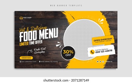 Fast food restaurant menu social media marketing web banner template design. Pizza, burger and healthy food business online promotion flyer with abstract background, logo and icon. Sale cover., vector de stoc