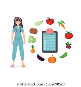 白い背景に栄養スケジュールを示す女性の栄養士。 のベクター画像素材