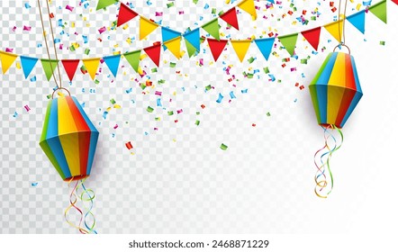Festa Junina Design with Colorful Party Flags and Paper Lantern on Transparency Background. Vector Brazil June Traditional Saint John Holiday Festival Design for Celebration Banner, Greeting Card स्टॉक वेक्टर