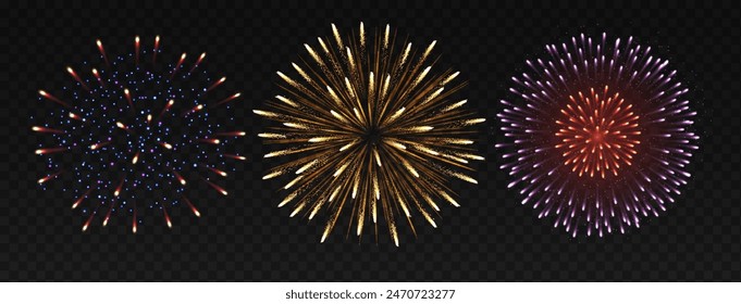 Festive fireworks in night sky realistic vector illustration set. Awe explosions for holiday event 3d elements on transparent background Stock-vektor