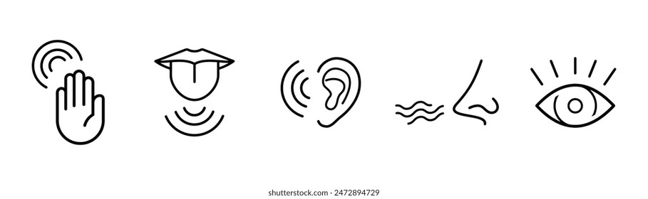 Five human senses editable stroke outline icons set isolated on white background flat vector illustration. Pixel perfect. – Vector có sẵn