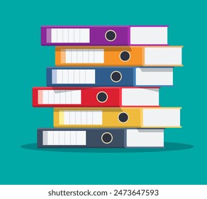 Files, ring binders, colorful office folders. Side view. Bureaucracy, paperwork and office. illustration in flat style Immagine vettoriale stock