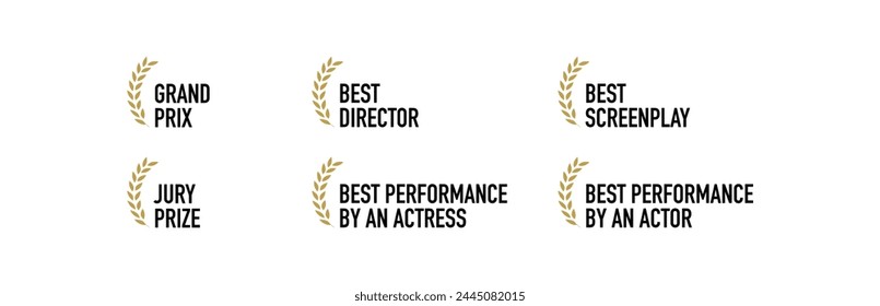 Film festival award nominations and winners - best director, actor, actress, screenplay, jury prize, grand prix - black, golden and white laurel and text vector icon set Adlı Stok Vektör