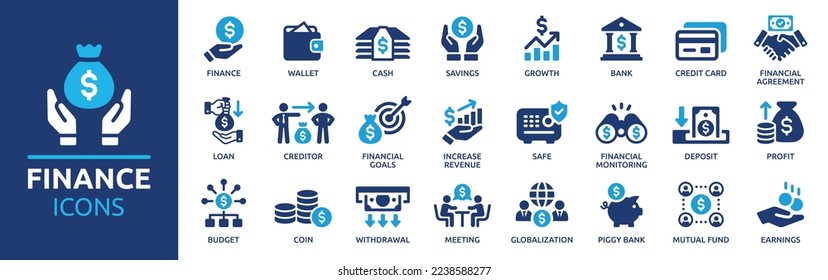 Finance icon set. Containing loan, cash, saving, financial goal, profit, budget, mutual fund, earning money and revenue icons. Solid icons collection. Stock-vektor