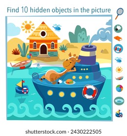 Find 10 hidden objects in picture. Educational game for kids. Giraffe on ship in summer. Vector illustration, full color. Stock-vektor