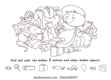 Find and color hidden objects. Funny cat and rats among cheeses. Coloring page for kids. Hidden object puzzle game. Sketch vector illustration of cute cartoon characters. Stock-vektor
