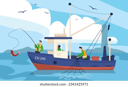 Fishing in boat concept. Men with net at sail. Fishin g industry and fishermans at sea or ocean. Active lifestyle and outdoor leisure. People with red fish. Cartoon flat vector illustration Immagine vettoriale stock