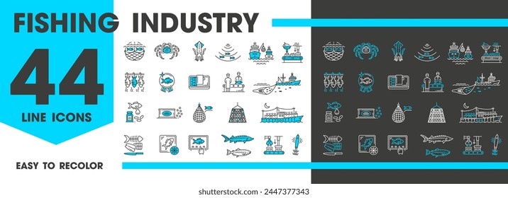 Fishing industry line icons of fishery boat and fishes or seafood, vector symbols. Fishery plant or factory icons with fish trap, trawling fishnet and fisherman baits for fish food production Immagine vettoriale stock