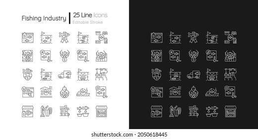 Fishing industry linear icons set for dark and light mode. Catching and preparing seafood. Processing, farming. Customizable thin line symbols. Isolated vector outline illustrations. Editable stroke Immagine vettoriale stock