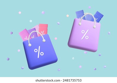 Flying bag with coupons. Delivery of promotional offer, low interest rates. Vouchers with profitable bonuses, gift coupons in a shopping bag. Online shipping, sale with discounts. Low interest. Vector – Vector có sẵn