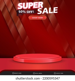 flash sale banner social media template post with blank space 3d podium for product with abstract gradient red colour background design: stockvector